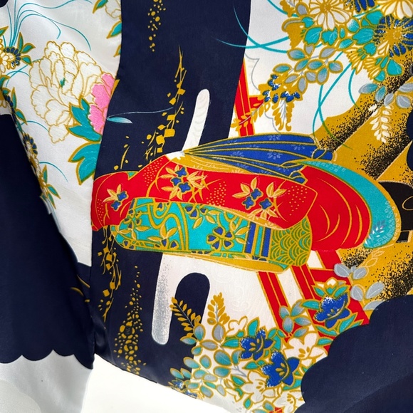 Vintage Robe Long Geisha Kimono Silver Dragon Blue De Oriental Small Medium - Picture 7 of 16